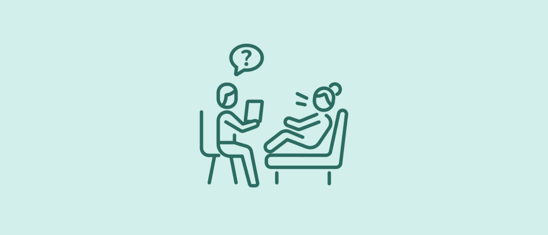 Counseling session illustration with two people talking.
