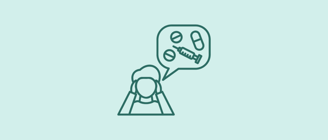 Person thinking about pills and syringe.