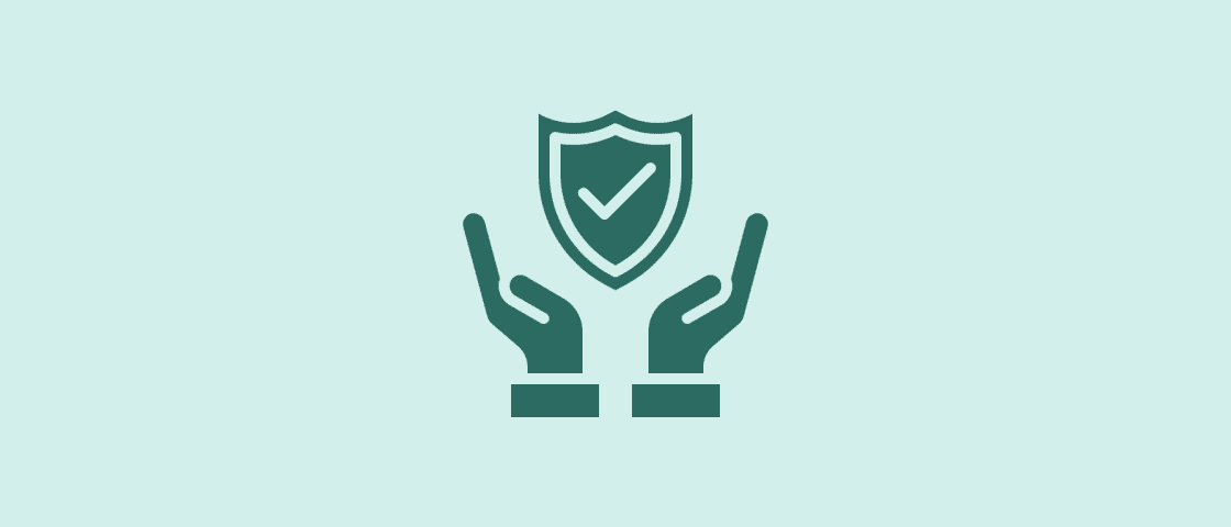 Hands holding a shield with checkmark.