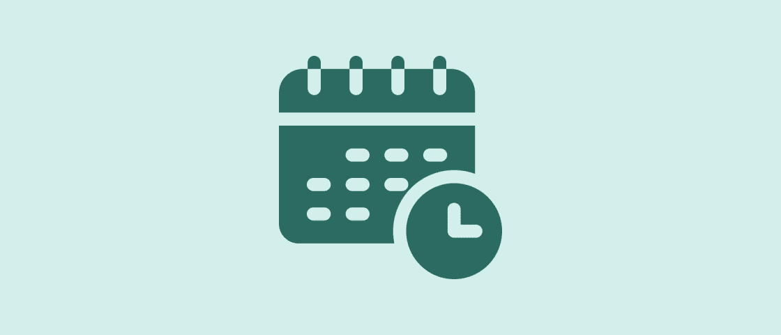 Calendar and clock icon on light background.